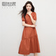 熙世界（sllsky）法式褶皺泡泡袖連衣裙2025夏天新款收腰顯瘦圓領(lǐng)茶歇裙子 珊瑚橘 XL