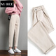 NY-RCE毛呢褲子女秋冬季新款高腰顯瘦蘿卜奶奶褲寬松休閑哈倫褲 雙扣【NZ米色】 S