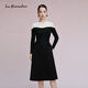 La Koradior拉珂蒂修身通勤優(yōu)雅時(shí)尚秋季新撞色100羊毛洋裝連衣裙 黑色 XL
