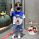 靚貝城堡哪吒衣服2025新款夏季男童套裝寶寶夏裝洋氣兒童短袖T恤男孩短褲 藍(lán)色字母（風(fēng)火輪可轉(zhuǎn)動(dòng)） 120