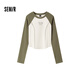 森馬（Semir）長(cháng)袖T恤女短款緊身撞色插肩袖明線(xiàn)顯瘦冬季印花圓領(lǐng)上衣復古 白綠色調00314 M