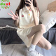 DXOT2025年夏季新款運動套裝女夏季學生韓版寬松顯瘦時尚POLO上衣短袖 奶黃色上衣+褲子套裝 M 【建議100-115斤 】