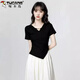 啄木鳥(niǎo)（TUCANO）黑色不規則V領(lǐng)短袖T恤女夏季2025新款收腰顯瘦小眾體恤別致短上衣 黑色 L 【量】