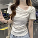 沂懿短袖女正肩白色t恤夏季新款2025顯瘦上衣設計感純色百搭辣妹修身 扭結褶皺短袖【白色】微透 L 【推薦105-115斤】