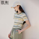 香影條紋撞色正肩t恤女短袖2026夏季新款圓領(lǐng)小個(gè)子抽褶收腰上衣 灰綠 L 165/88A/110-125斤