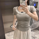 衣然呈品T恤女士春夏新款美式高街潮牌修身純色蕾絲蝴蝶結簡(jiǎn)約短袖上衣女 灰色 M 【建議90-105斤】
