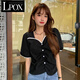 LPOX韓版2025夏季網(wǎng)紅新款短款百搭顯瘦泡泡袖短袖襯衫女方領(lǐng)百搭襯衣 黑色 M _95-105斤