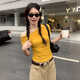 衣然呈品T恤女春夏新款美式高街潮牌黃色斜肩修身露肩簡(jiǎn)約百搭短袖上衣女 黃色 M 【建議90-105斤】