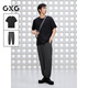 GXG男裝 25年夏季新品肌理圓領(lǐng)寬松短袖T恤坑條束腳長(cháng)褲通勤套裝 單下裝深灰色 4XL