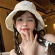 允娜新款防曬帽子女夏季甜美可愛波點(diǎn)綁帶顯臉小遮陽帽大頭圍漁夫帽 藍(lán)色 頭圍54-60CM