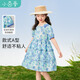 茵曼童裝女童碎花連衣裙2025夏季兒童荷葉邊長(cháng)裙中大童泡泡袖裙子 藍色O3842074 150