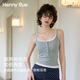 Henny Rue女士吊帶背心女假兩件自帶胸墊莫代爾撞色系扣美背春夏可外穿上衣 淺麻灰 均碼