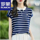 羅蒙（ROMON）刺繡條紋翻領(lǐng)針織短袖t恤女2024夏季新款寬松Polo領(lǐng)女裝上衣小衫 藏青色 L
