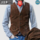JEEP SPIRIT男裝春秋復古燈芯絨工裝馬甲背心口袋拼接大碼純色單排扣英倫外套 棕色 L 150-170斤