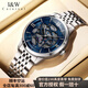 I&W CARNIVAL HWGUOJI瑞士品牌IW手表男機械表雙面鏤空機械男表進(jìn)口機芯全自動男士手表 愛沃馳銀殼藍(lán)面銀針-鋼帶款+原裝皮表帶 +定制刻字
