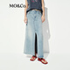 MO&Co.牛仔半身裙2025夏新品洗褪磨白漢麻棉質(zhì)中低腰拼接毛邊MBE2SKT037 牛仔藍(lán)色 M