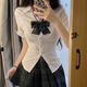 麓格立JK制服套裝百褶短裙女學(xué)院風(fēng)收腰短袖襯衫格裙套裝兩款蝴蝶結隨機 白色短袖+碳灰短裙【套裝】 L