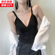 槿城性感V領(lǐng)打底衫吊帶女外穿胖妹妹純色彈力背心內搭小心機上衣kf11 黑色 均碼 彈力均碼（建議75-120斤）