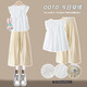 OVE女童七分褲夏季薄款兒童短褲外穿2025新款夏裝闊腿褲大童冰絲褲子 9992白色+18485淺卡其色七分褲 150 cm