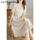 拉夏貝爾（La Chapelle）短袖V領(lǐng)連衣裙女裝2025年夏季新款文藝收腰顯瘦中長(zhǎng)款蕾絲裙子 米白色 M