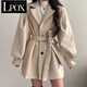 LPOX黑色毛呢外套女秋冬裝2025新款潮中長款韓版領小個子呢子大衣 杏色 S 建議80-95斤