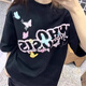 衣然呈品韓版重磅蝴蝶短袖T恤女夏季潮牌復(fù)古五分袖寬松百搭舒適半袖上衣 黑色 M 【建議90-110斤】