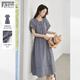對白復古文藝格子短袖連衣裙女2026夏季新款圓領(lǐng)寬松抽繩收腰長(cháng)裙 藏青格 M