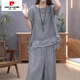皮爾卡丹（pierre cardin）夏裝媽媽棉麻套裝女遮肚寬松短袖圓領(lǐng)中老年薄款上衣服休閑兩件套 灰色灰--棉麻上衣+闊腿褲.1套裝 L 碼店佳100-115斤穿