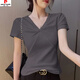 皮爾卡丹（pierre cardin）螺紋純棉短袖T恤2025修身新款顯瘦夏季女裝設(shè)計(jì)V領(lǐng)百搭打底上衣女 灰色 L 100-110斤