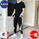 NASA BASE 夏季T恤套裝男運動套裝短袖套裝男夏裝衣服男套裝潮流休閑男士 黑色(長褲+短袖) 2XL 135-150斤
