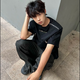 昔奕cleanfit拉鏈墊肩短袖男款潮牌痞帥炸街t恤重磅夏季美式高街半袖 黑色 XL