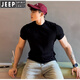 JEEP SPIRIT藏青色重磅收袖口t恤男夏季美式健身運(yùn)動(dòng)上衣速干內(nèi)搭小領(lǐng)口短袖 黑色 2XL (適合145-160斤)