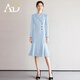 AD春季長袖連衣裙女氣質(zhì)藍色職業(yè)裝西裝裙2025新款收腰包臀魚尾裙 淺藍色連衣裙 S