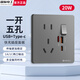 國(guó)際電工86型一開(kāi)七孔快充插座面板家用墻壁手機(jī)USB+Type-c一鍵總控開(kāi)關(guān) 一開(kāi)五孔2USB【PC款20W】灰色
