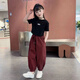 G.DUCKKIDS女童套裝夏季2025新款兒童純棉短袖褲子中大童女孩洋氣兩件套衣服 黑T恤+酒紅褲【黑色】 140 適合130-140cm年齡9-10歲