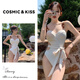 COSMICKISS泳衣女歐美風高級感時尚連體新款小胸鋼托聚攏遮肚沙灘度假泳衣 白色 均碼 【建議80-120斤】