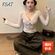 FSAT蝴蝶結(jié)V領(lǐng)蕾絲衫春夏新款長(zhǎng)袖T恤女性感辣妹純欲修身打底衫上衣 上衣 M 95-110斤