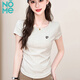 NOME愛(ài)心刺繡正肩圓領(lǐng)短袖T恤女褶皺收腰修身小飛袖上衣 麻灰色 M