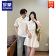 羅蒙（ROMON）法式情侶裝夏季新款短袖感男女大碼男T恤潮流收腰連衣裙一衣一裙 女裙 L