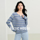Basic House/百家好復古鏤空條紋針織衫春季新款設計感寬松上衣女 海洋藍 L