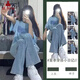 夏雨瑤甜酷系穿搭網(wǎng)紅學(xué)生套裝女夏季新款寬松短袖t恤+闊腿牛仔褲兩件套 上衣+褲子藍色【套裝】 M 【建議90-105斤】