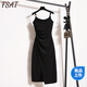 FSAT大碼女裝春秋季法式感開(kāi)叉吊帶裙胖mm收腰顯瘦內搭打底連衣裙 黑色【不規則開(kāi)叉吊帶裙】 L 建議100-118斤
