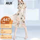 AUI 雪紡連衣裙女夏2023新款性感露肩時尚氣質輕熟荷葉邊V領碎花裙 花色 S