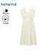 熱風(fēng)（Hotwind）2025年夏季新款女士純色抽褶短袖V領(lǐng)收腰純棉中長(zhǎng)連衣裙 03米色 M