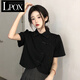 LPOX短袖女國風(fēng)款襯衫女夏季2025新款短款休閑款襯衣寬松短袖襯衫女 黑色 XL _建議121-130斤