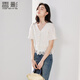 香影法式刺繡鏤空襯衫女2026夏新款白色v領(lǐng)時(shí)尚花邊短袖上衣襯衣 米白 L 165/88A/110-125斤