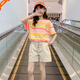 諾佳微淇女童夏季短袖T恤套裝2025新款中大童小女孩時(shí)髦洋氣兒童夏裝上衣 黃條T恤+四扣短褲 150 碼