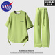 NASA BASE潮牌冰絲短袖套裝男女夏季薄款多巴胺寬松圓領(lǐng)休閑T恤長(cháng)褲兩件套 綠色-短袖款 XL （推薦體重120-140斤）