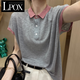 LPOX女士夏季衣服新款寬松顯瘦翻領(lǐng)撞色短袖t恤女夏季新款短袖上衣女 灰色【版抗起球】 XL 121-135斤