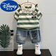 迪士尼（Disney）男童條紋短袖套裝夏季薄款兒童裝2025新款寶寶夏裝薄款polo衫衣服 綠色【套裝】 150